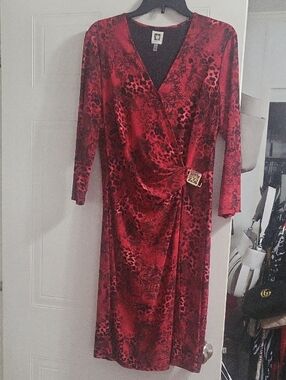 Anne Klein Red and Black Animal-Print Wrap Dress"NEW"